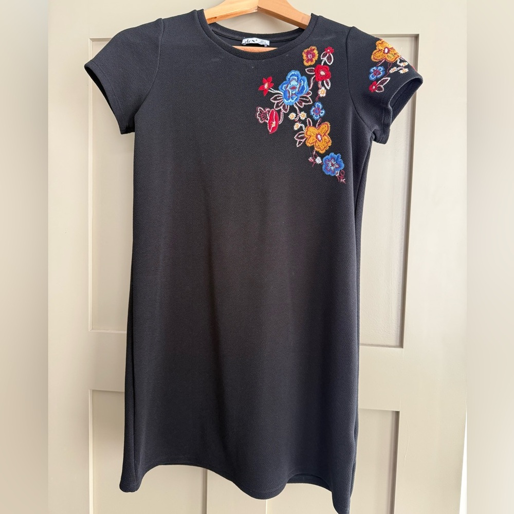 Dex Kids Shift Dress with Colorful Floral Embroidery - Black